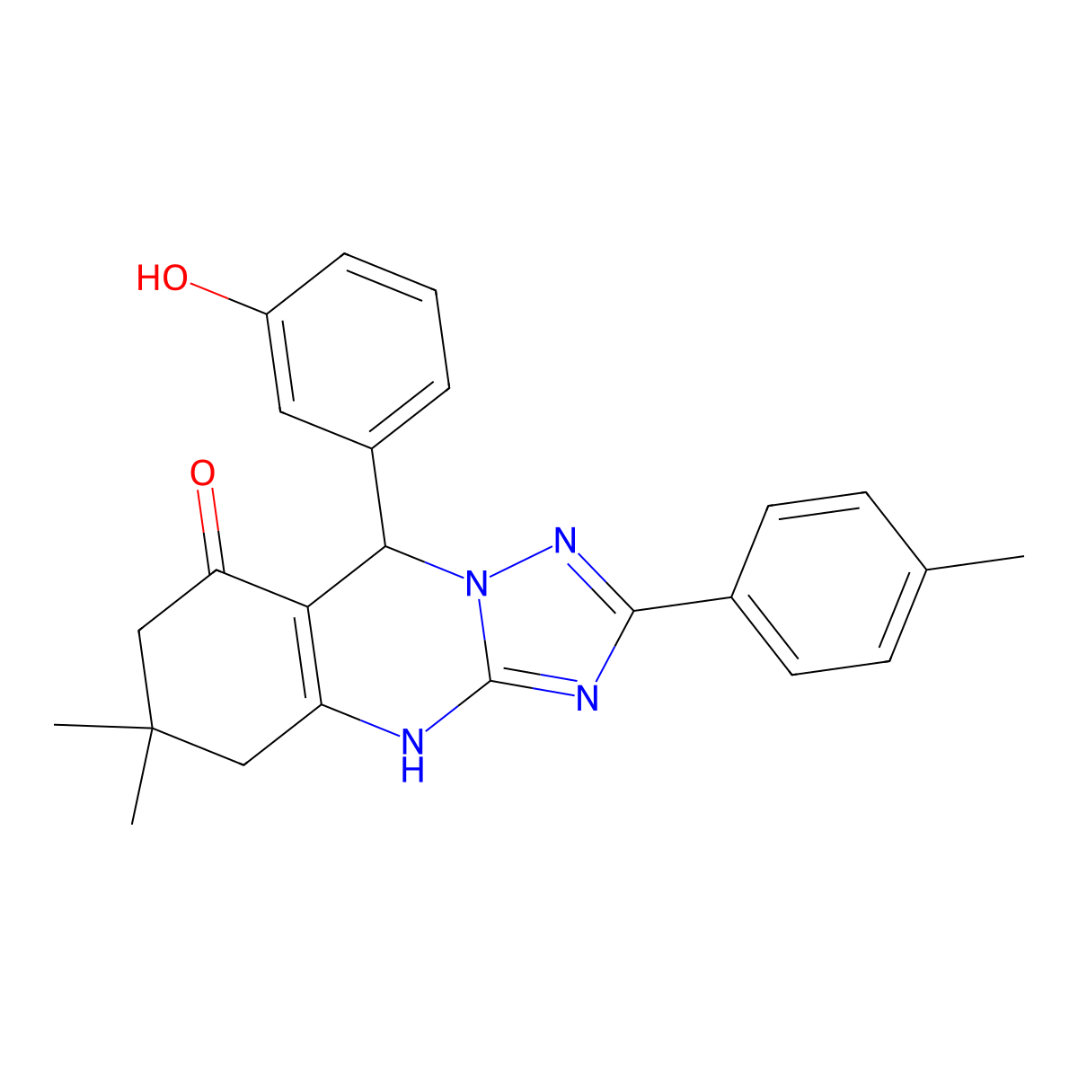 9-(3-hydroxyphenyl)-6,6-dimethyl-2-(p-tolyl)-5,6,7,9-tetrahydro-[1,2,4]triazolo[5,1-b]quinazolin-8(4H)-one molecular structure, CAS 540478-37-3