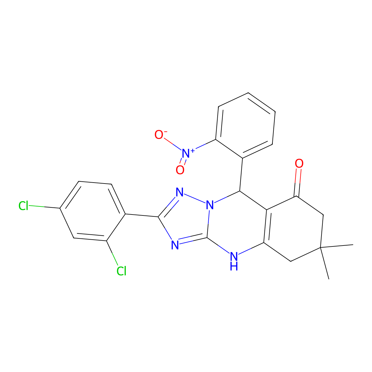 2-(2,4-dichlorophenyl)-6,6-dimethyl-9-(2-nitrophenyl)-5,6,7,9-tetrahydro-[1,2,4]triazolo[5,1-b]quinazolin-8(4H)-one molecular structure, CAS 540487-66-9