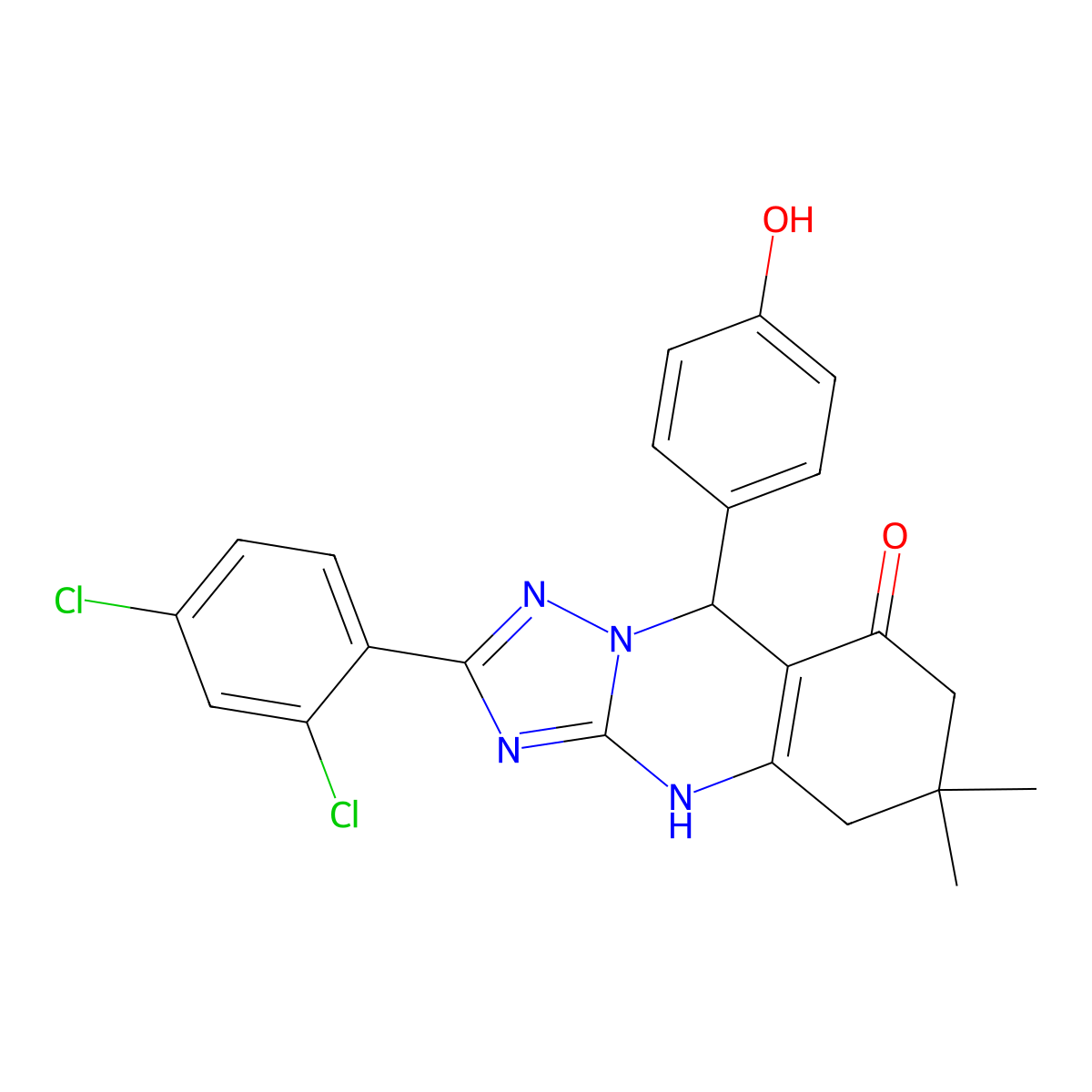 2-(2,4-dichlorophenyl)-9-(4-hydroxyphenyl)-6,6-dimethyl-5,6,7,9-tetrahydro-[1,2,4]triazolo[5,1-b]quinazolin-8(4H)-one molecular structure, CAS 540488-07-1