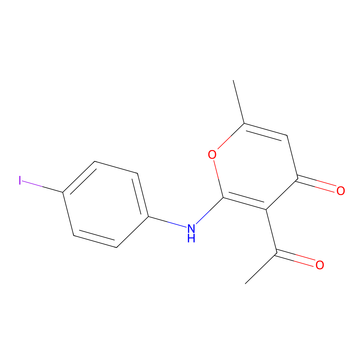 3-acetyl-2-((4-iodophenyl)amino)-6-methyl-4H-pyran-4-one molecular structure, CAS 540499-50-1