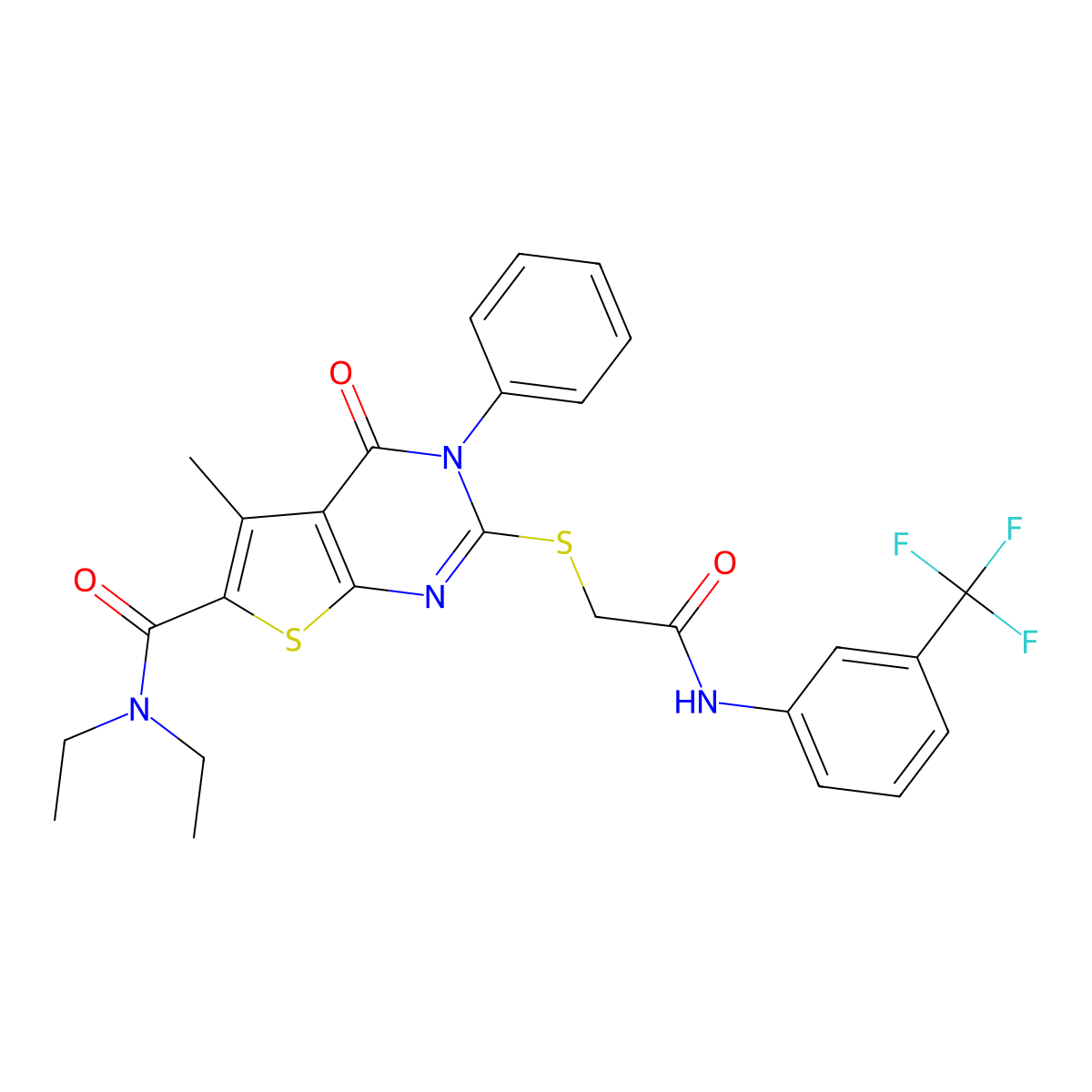 N,N-Diethyl-3,4-dihydro-5-methyl-4-oxo-2-((2-oxo-2-((3-(trifluoromethyl)phenyl)amino)ethyl)thio)-3-phenylthieno(2,3-d)pyrimidine-6-carboxamide molecular structure, CAS 540514-93-0