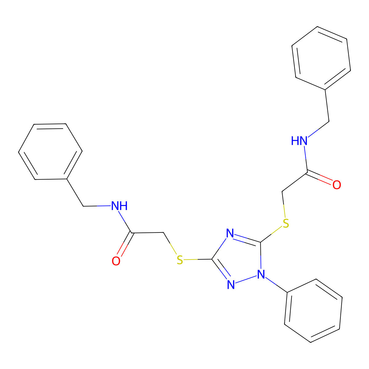 N-benzyl-2-[[5-[2-(benzylamino)-2-oxoethyl]sulfanyl-1-phenyl-1,2,4-triazol-3-yl]sulfanyl]acetamide molecular structure, CAS 540515-14-8