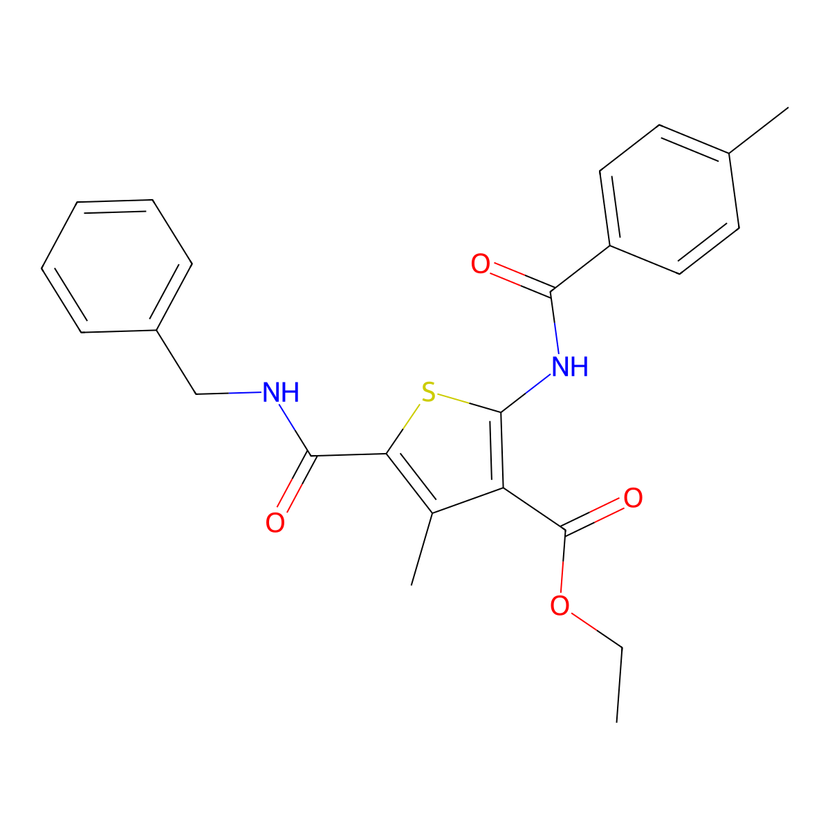 Ethyl 5-(benzylcarbamoyl)-4-methyl-2-[(4-methylbenzoyl)amino]thiophene-3-carboxylate molecular structure, CAS 540516-69-6