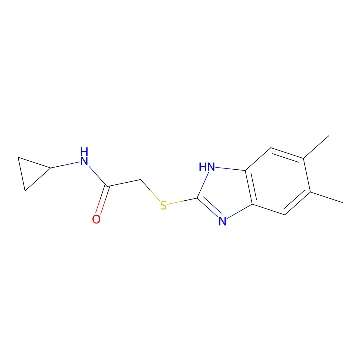 N-cyclopropyl-2-[(5,6-dimethyl-1H-benzimidazol-2-yl)sulfanyl]acetamide molecular structure, CAS 540517-56-4