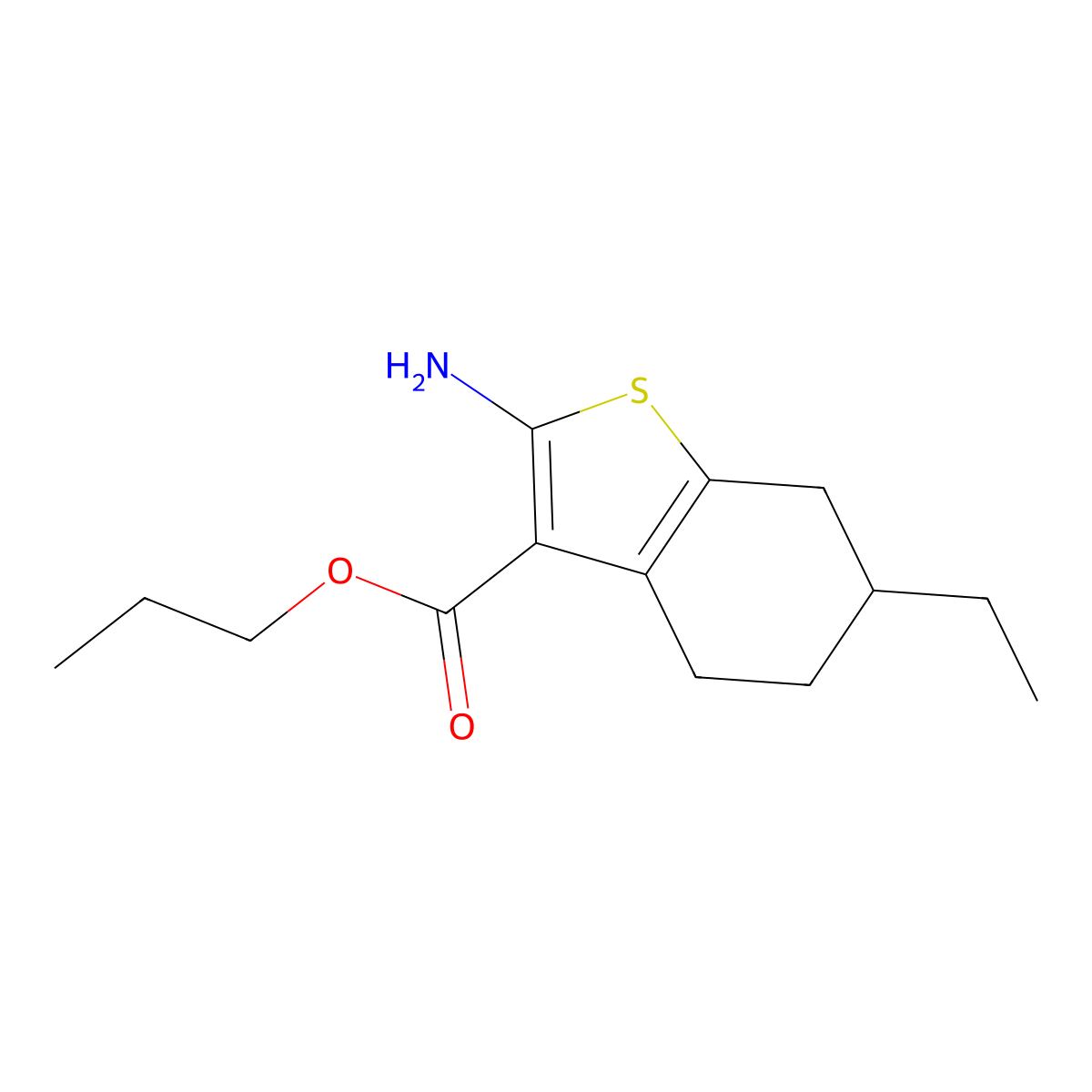 Propyl 2-amino-6-ethyl-4,5,6,7-tetrahydro-1-benzothiophene-3-carboxylate molecular structure, CAS 540519-16-2