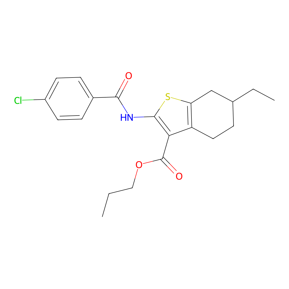 Propyl 2-{[(4-chlorophenyl)carbonyl]amino}-6-ethyl-4,5,6,7-tetrahydro-1-benzothiophene-3-carboxylate molecular structure, CAS 540519-17-3