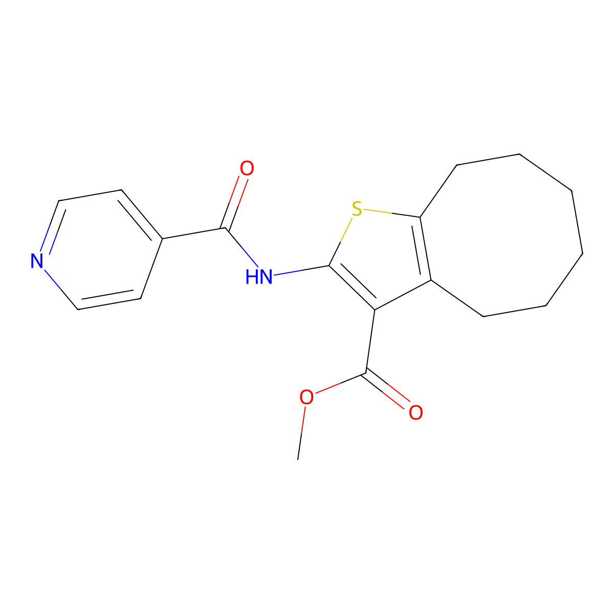 Methyl 2-(pyridine-4-carbonylamino)-4,5,6,7,8,9-hexahydrocycloocta[b]thiophene-3-carboxylate molecular structure, CAS 540521-39-9