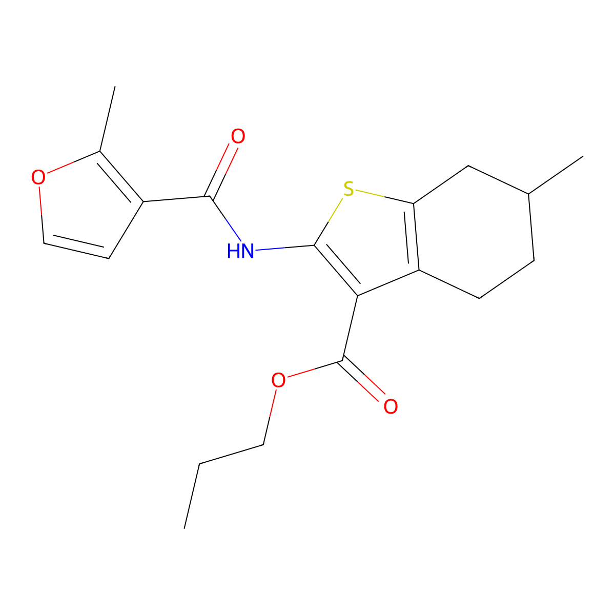 Propyl 6-methyl-2-[(2-methylfuran-3-carbonyl)amino]-4,5,6,7-tetrahydro-1-benzothiophene-3-carboxylate molecular structure, CAS 540528-35-6
