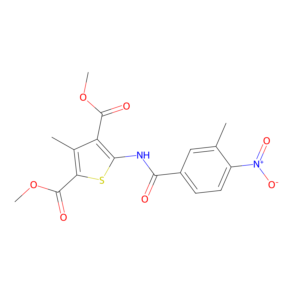 Dimethyl 3-methyl-5-[(3-methyl-4-nitrobenzoyl)amino]thiophene-2,4-dicarboxylate molecular structure, CAS 540533-00-4