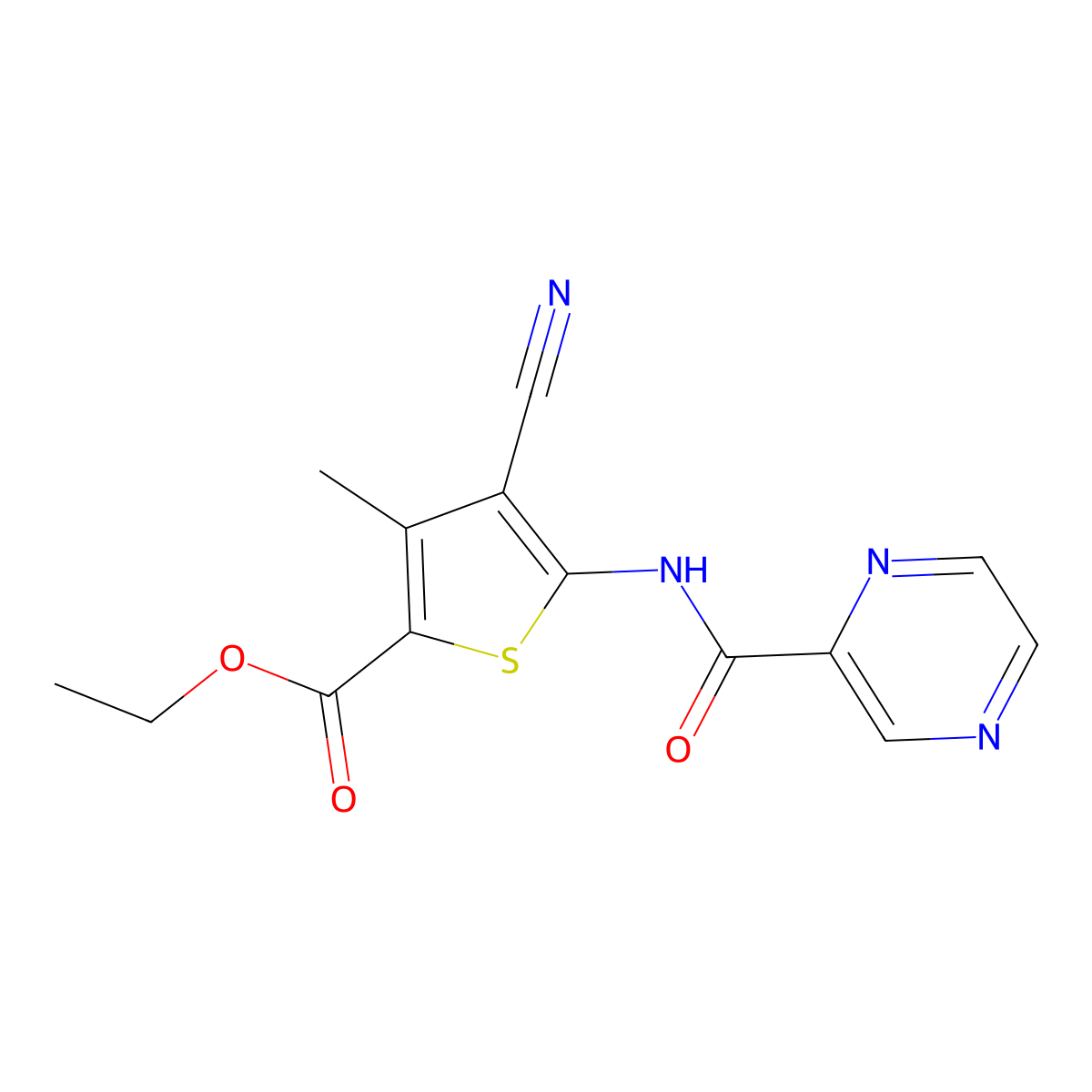 Ethyl 4-cyano-3-methyl-5-(pyrazine-2-carbonylamino)thiophene-2-carboxylate molecular structure, CAS 540757-67-3
