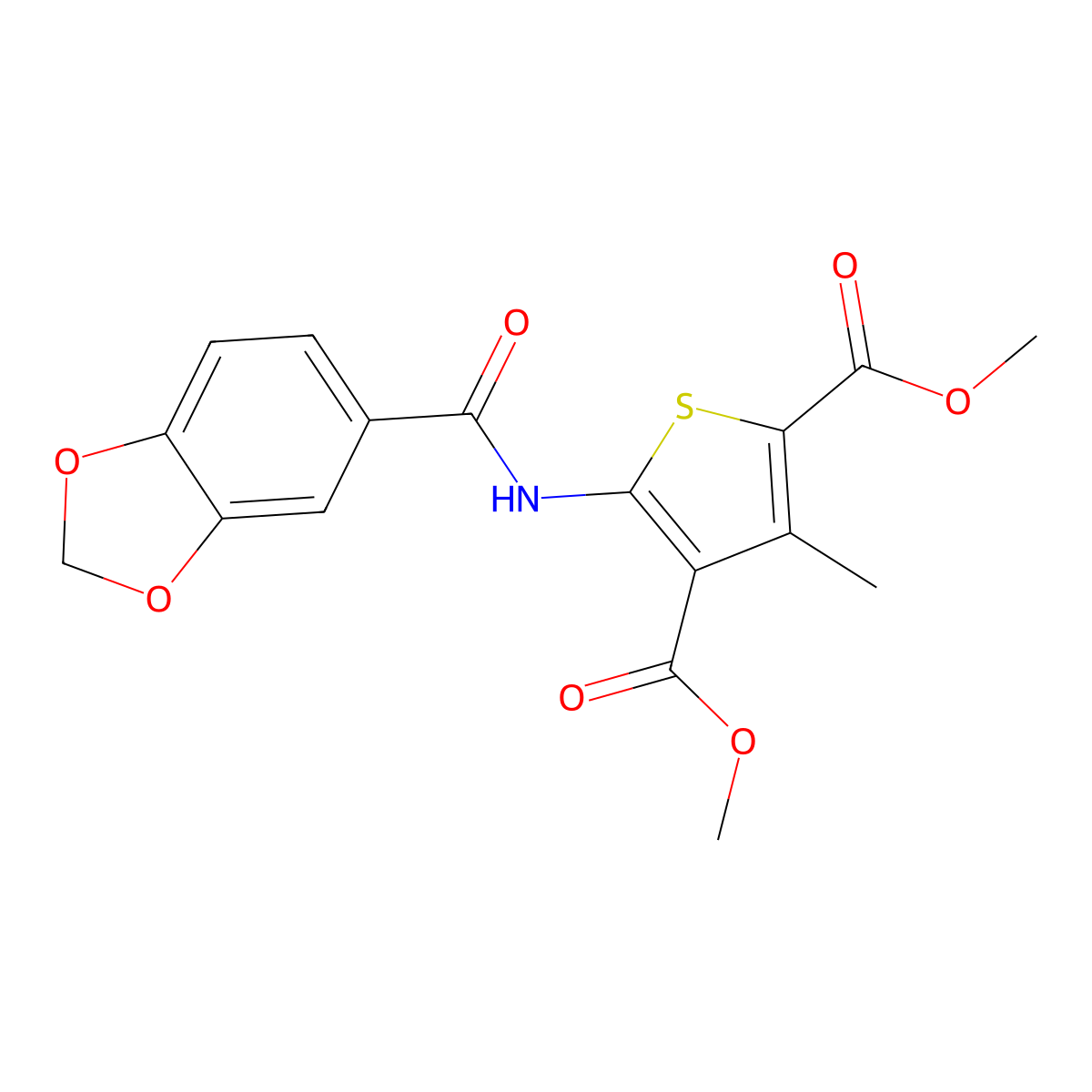 Dimethyl 5-(1,3-benzodioxole-5-carbonylamino)-3-methylthiophene-2,4-dicarboxylate molecular structure, CAS 540758-75-6