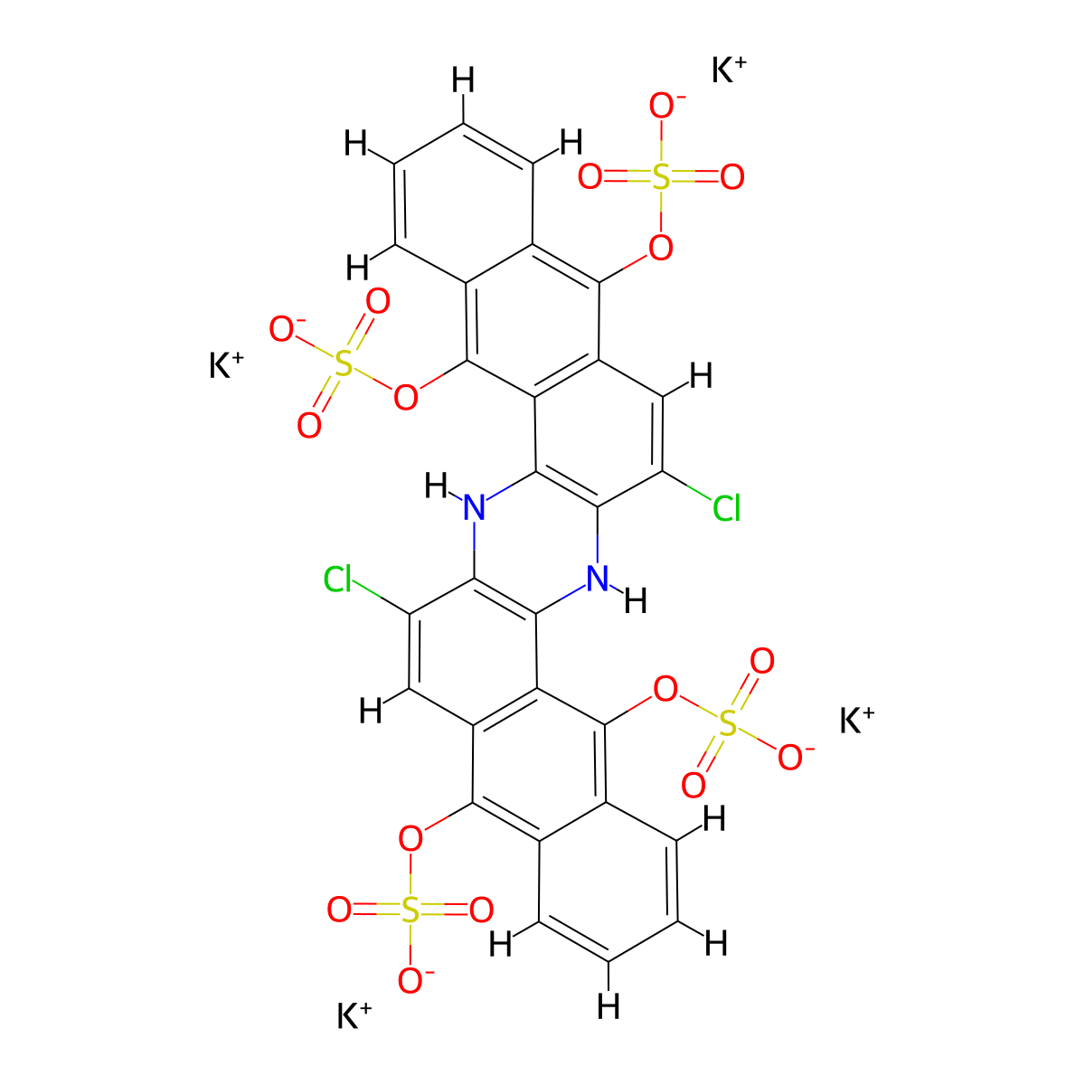 5,9,14,18-Anthrazinetetrol, 7,16-dichloro-6,15-dihydro-, 5,9,14,18-tetrakis(hydrogen sulfate), potassium salt (1:4) molecular structure, CAS 54077-86-0