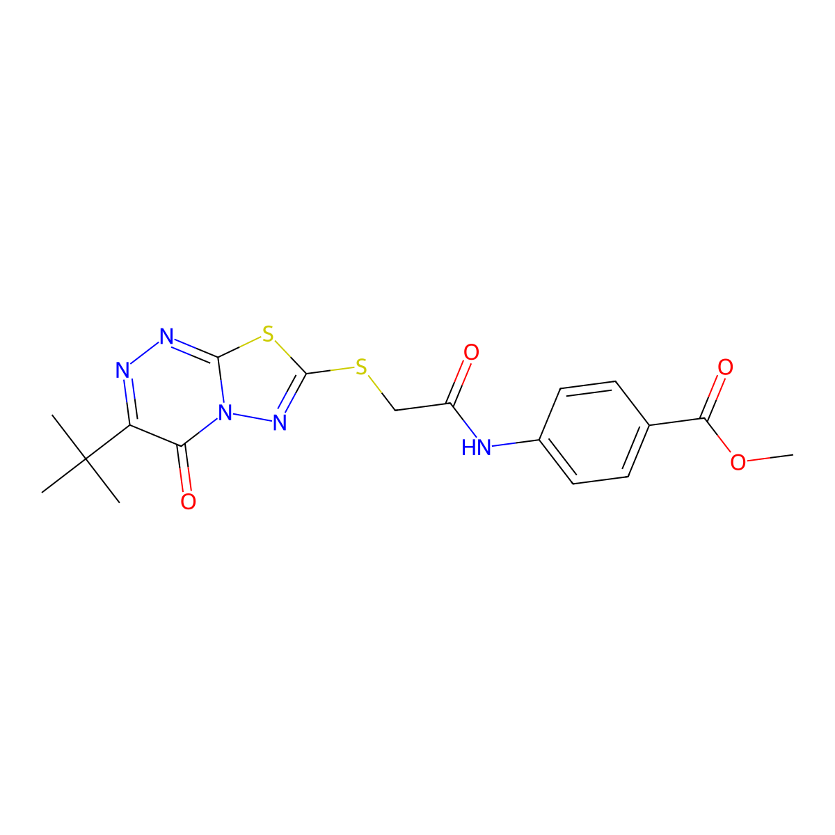 methyl 4-(2-((3-(tert-butyl)-4-oxo-4H-[1,3,4]thiadiazolo[2,3-c][1,2,4]triazin-7-yl)thio)acetamido)benzoate molecular structure, CAS 540772-34-7