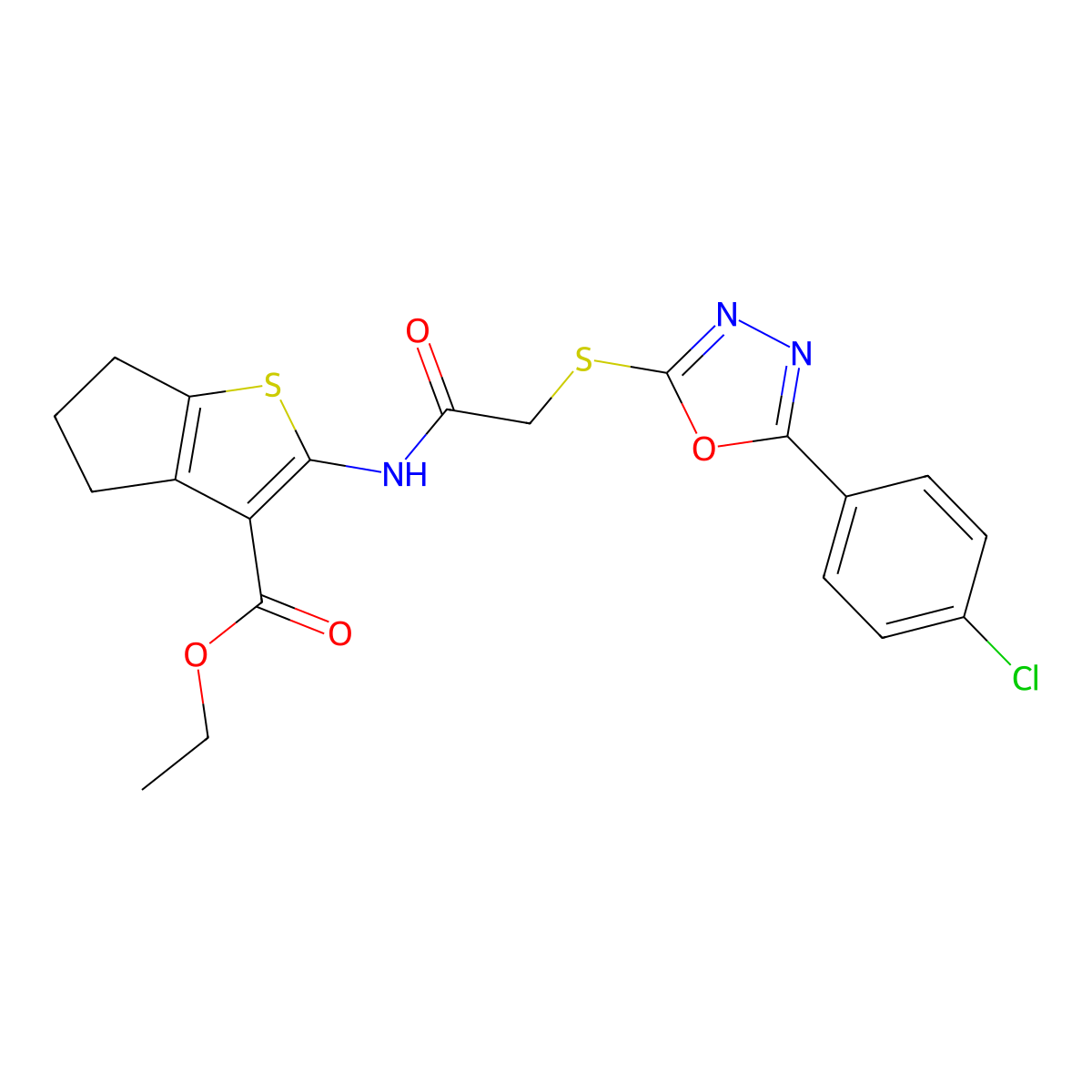 ethyl 2-[[2-[[5-(4-chlorophenyl)-1,3,4-oxadiazol-2-yl]sulfanyl]acetyl]amino]-5,6-dihydro-4H-cyclopenta[b]thiophene-3-carboxylate molecular structure, CAS 540775-84-6