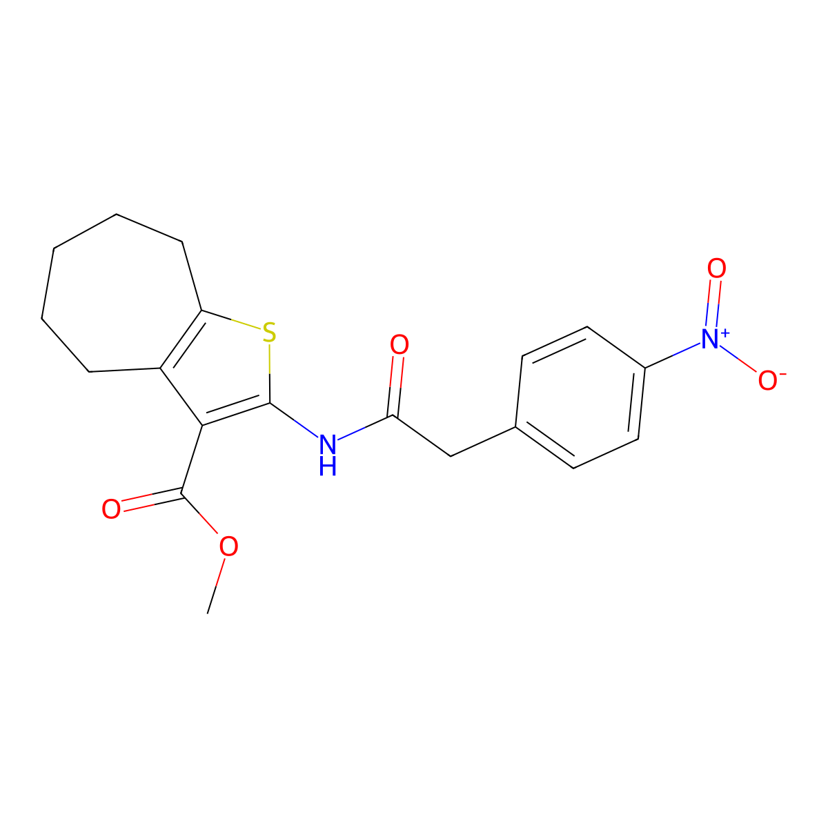 methyl 2-[[2-(4-nitrophenyl)acetyl]amino]-5,6,7,8-tetrahydro-4H-cyclohepta[b]thiophene-3-carboxylate molecular structure, CAS 540792-09-4