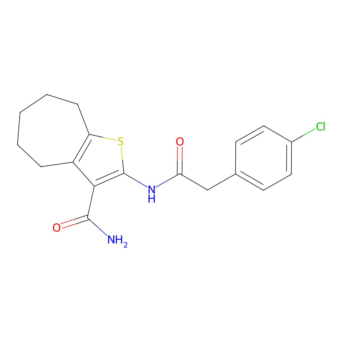 2-{[(4-chlorophenyl)acetyl]amino}-5,6,7,8-tetrahydro-4H-cyclohepta[b]thiophene-3-carboxamide molecular structure, CAS 540795-45-7