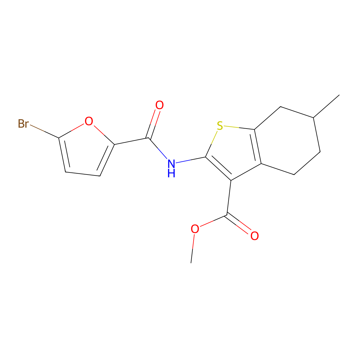 Methyl 2-[(5-bromofuran-2-carbonyl)amino]-6-methyl-4,5,6,7-tetrahydro-1-benzothiophene-3-carboxylate molecular structure, CAS 540800-05-3