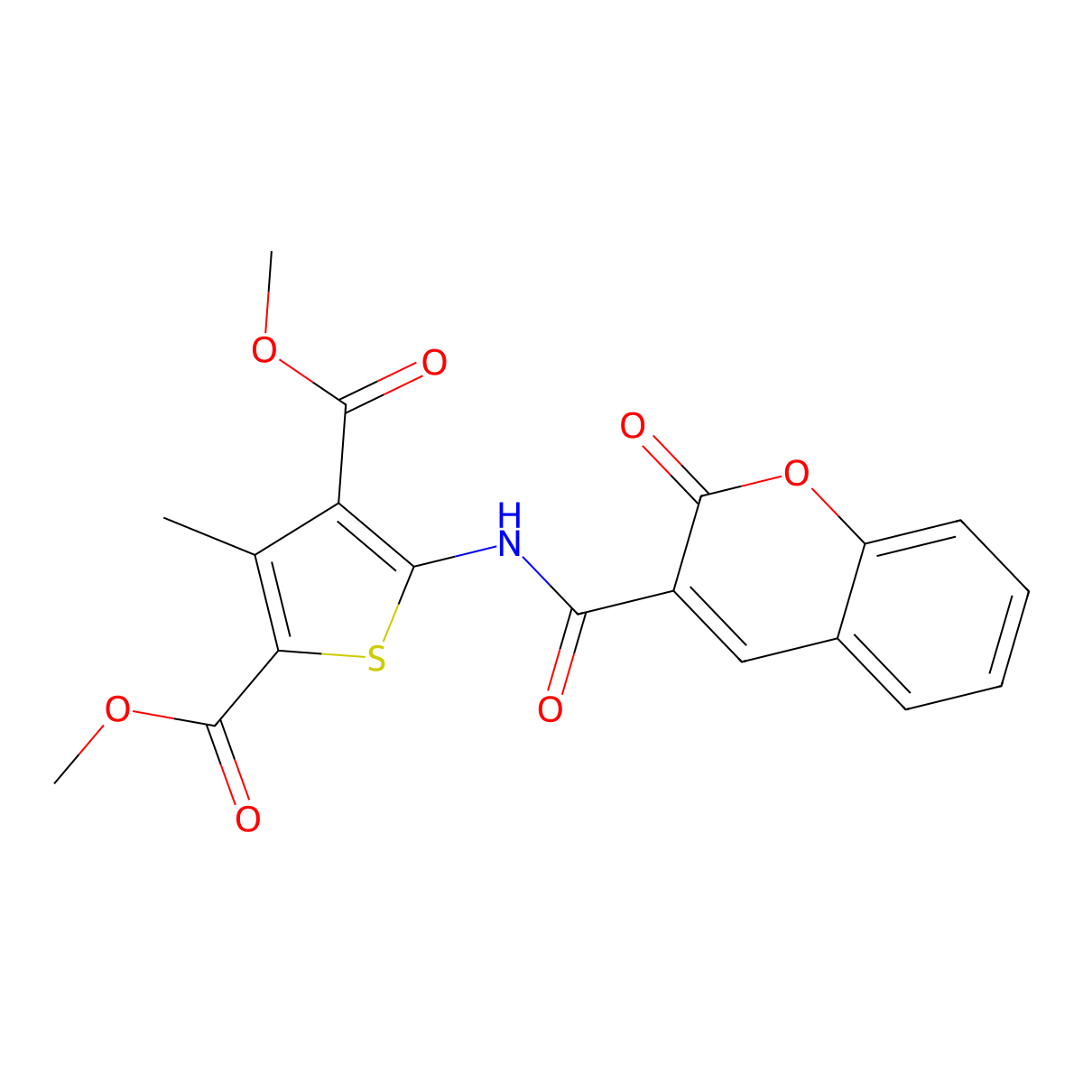 Dimethyl 3-methyl-5-[(2-oxochromene-3-carbonyl)amino]thiophene-2,4-dicarboxylate molecular structure, CAS 540800-57-5