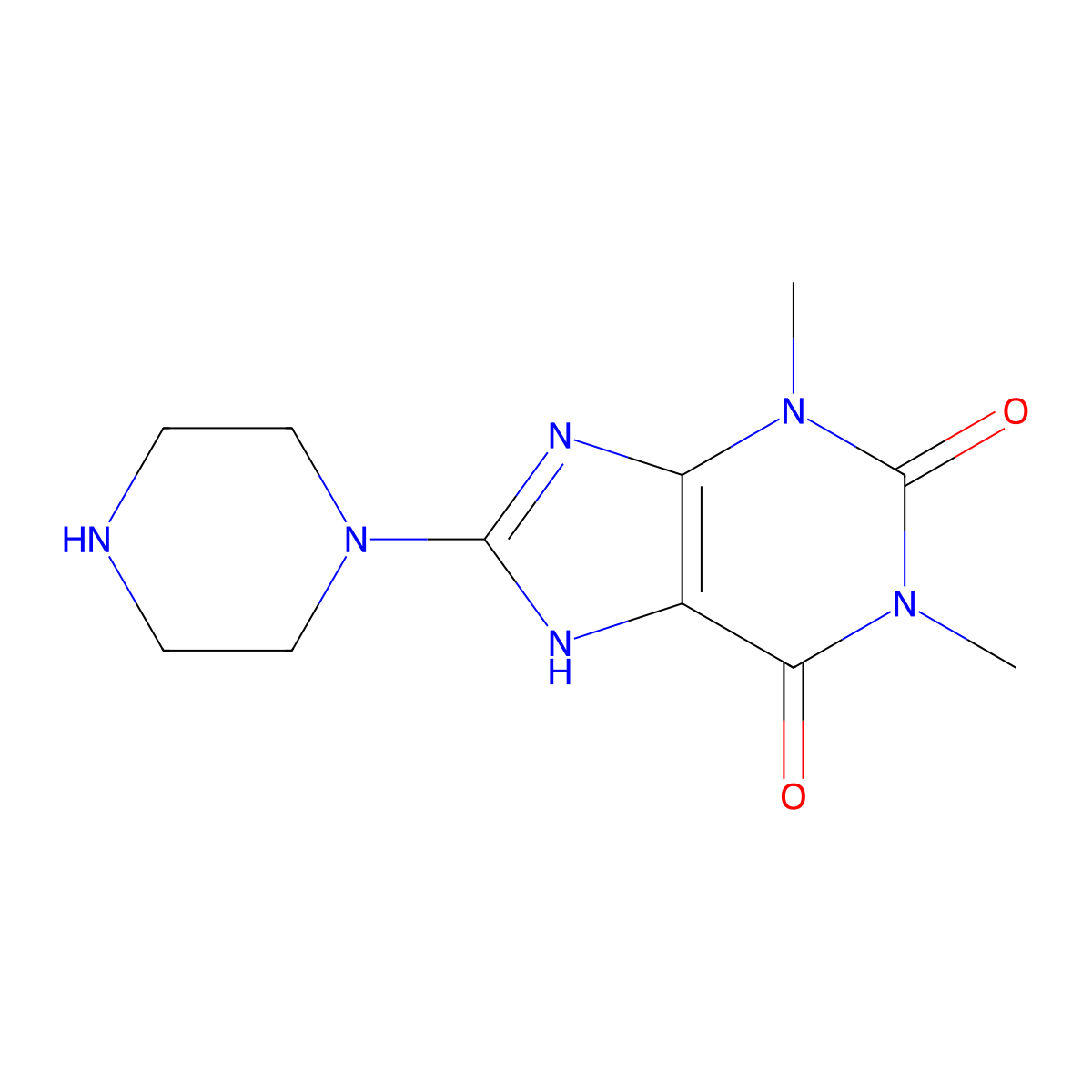 1,3-Dimethyl-8-(piperazin-1-yl)-1H-purine-2,6(3H,7H)-dione molecular structure, CAS 54119-57-2