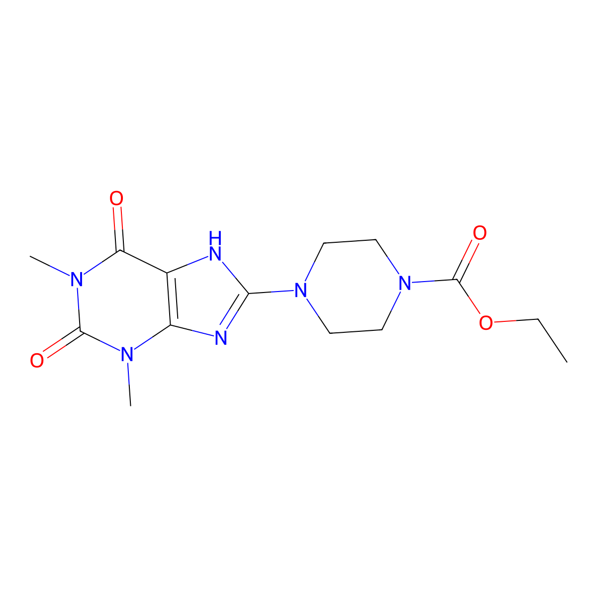1-Piperazinecarboxylic acid, 4-(2,3,6,7-tetrahydro-1,3-dimethyl-2,6-dioxo-1H-purin-8-yl)-, ethyl ester molecular structure, CAS 54119-63-0