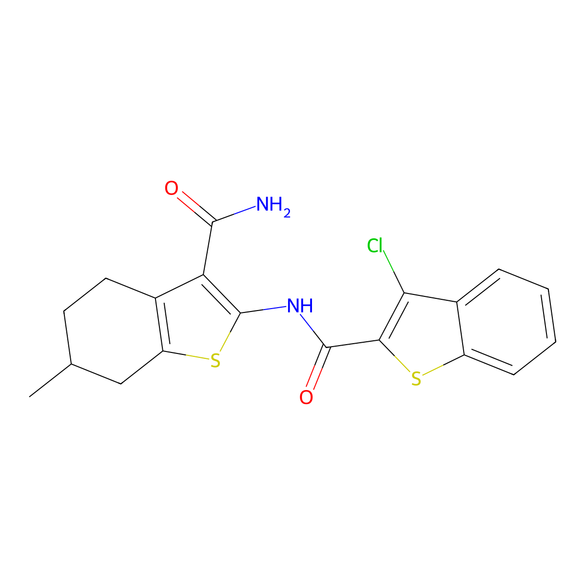 N-(3-carbamoyl-6-methyl-4,5,6,7-tetrahydro-1-benzothiophen-2-yl)-3-chloro-1-benzothiophene-2-carboxamide molecular structure, CAS 541515-24-6