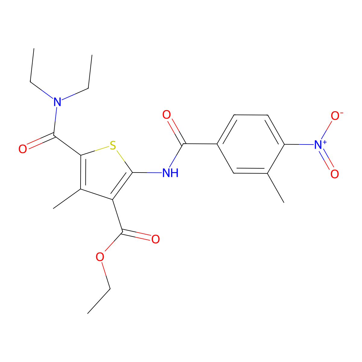 Ethyl 5-(diethylcarbamoyl)-4-methyl-2-[(3-methyl-4-nitrobenzoyl)amino]thiophene-3-carboxylate molecular structure, CAS 541518-45-0