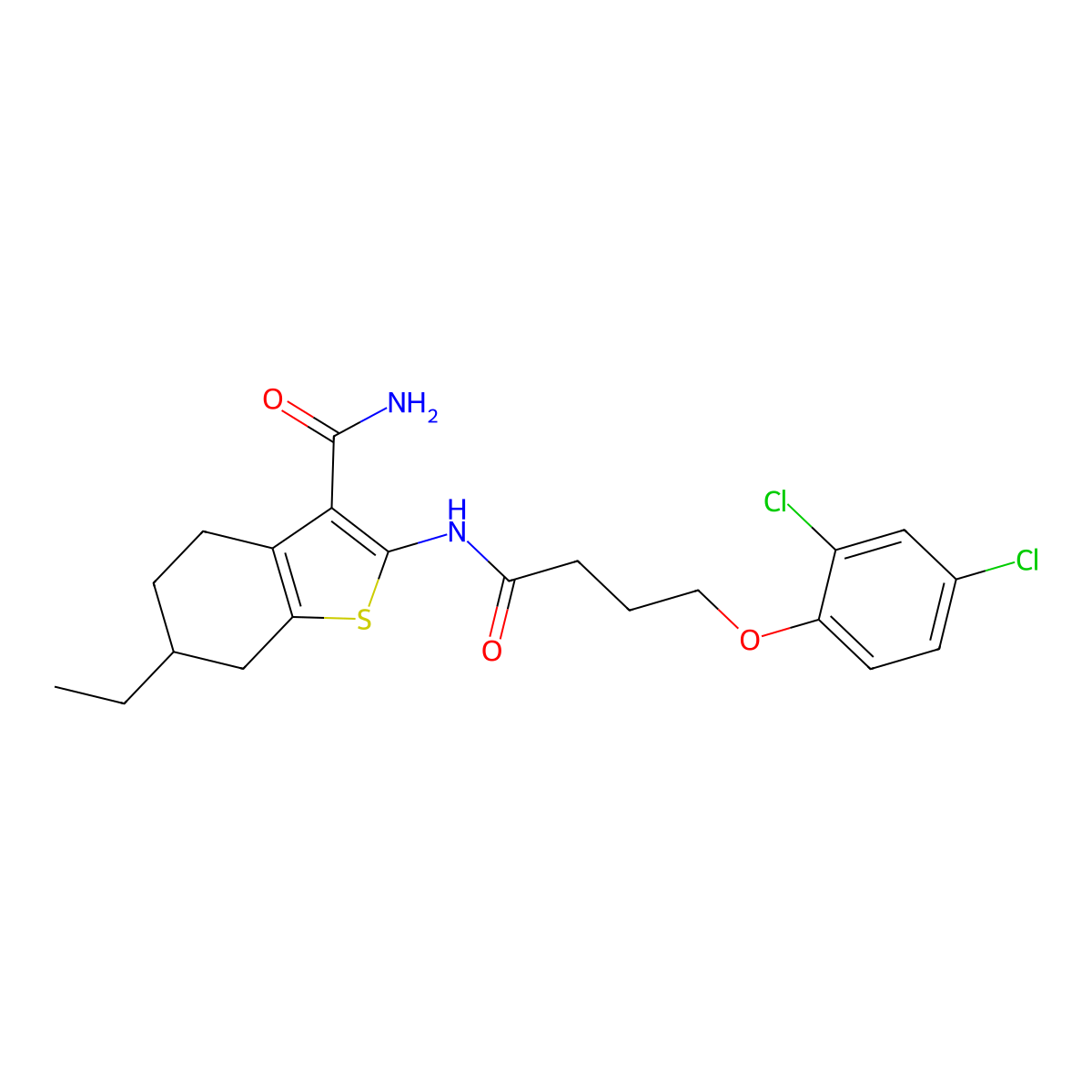 2-{[4-(2,4-Dichlorophenoxy)butanoyl]amino}-6-ethyl-4,5,6,7-tetrahydro-1-benzothiophene-3-carboxamide molecular structure, CAS 541536-13-4