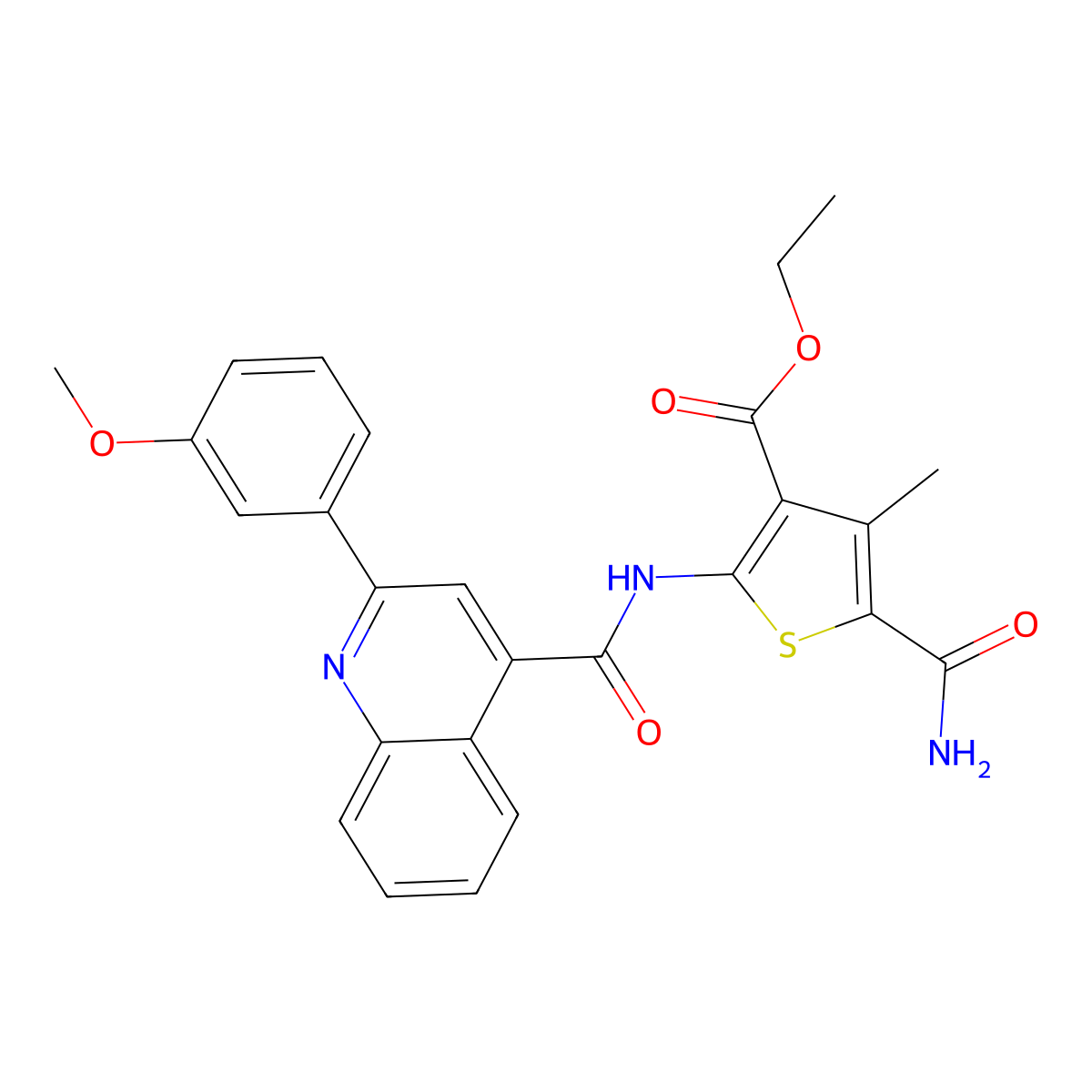 Ethyl 5-carbamoyl-2-[[2-(3-methoxyphenyl)quinoline-4-carbonyl]amino]-4-methylthiophene-3-carboxylate molecular structure, CAS 541536-80-5