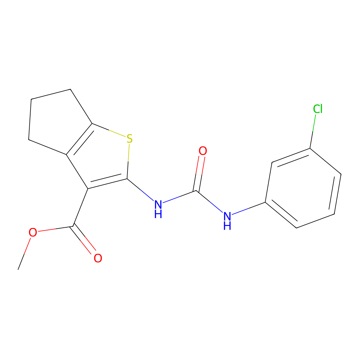 methyl 2-[(3-chlorophenyl)carbamoylamino]-5,6-dihydro-4H-cyclopenta[b]thiophene-3-carboxylate molecular structure, CAS 541537-58-0