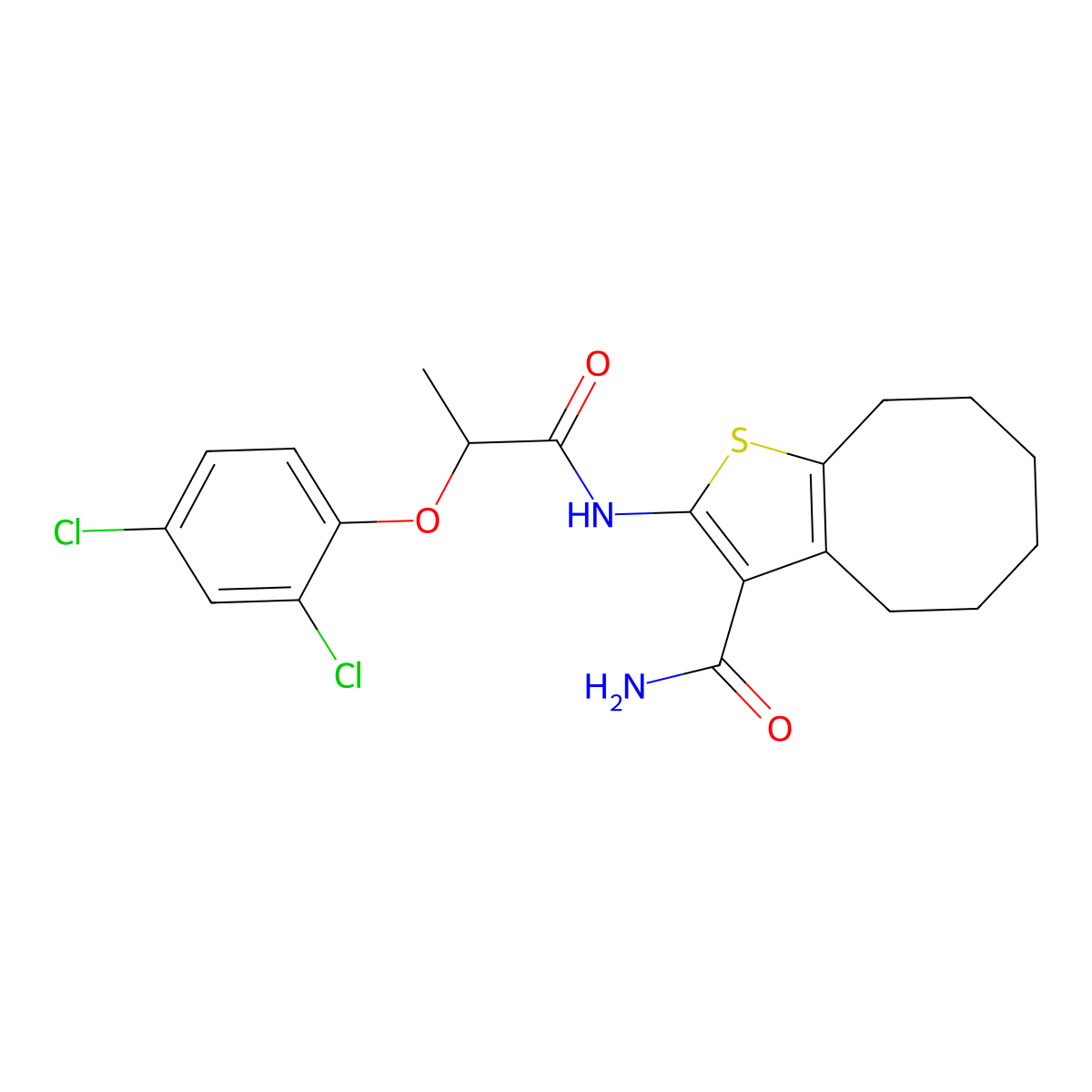 2-{[2-(2,4-Dichlorophenoxy)propanoyl]amino}-4,5,6,7,8,9-hexahydrocycloocta[b]thiophene-3-carboxamide molecular structure, CAS 541541-78-0