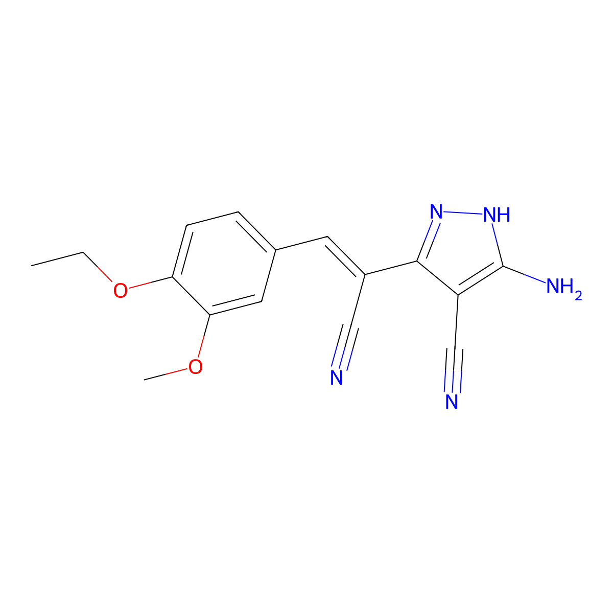 3-amino-5-[1-cyano-2-(4-ethoxy-3-methoxyphenyl)ethenyl]-1H-pyrazole-4-carbonitrile molecular structure, CAS 5433-93-2