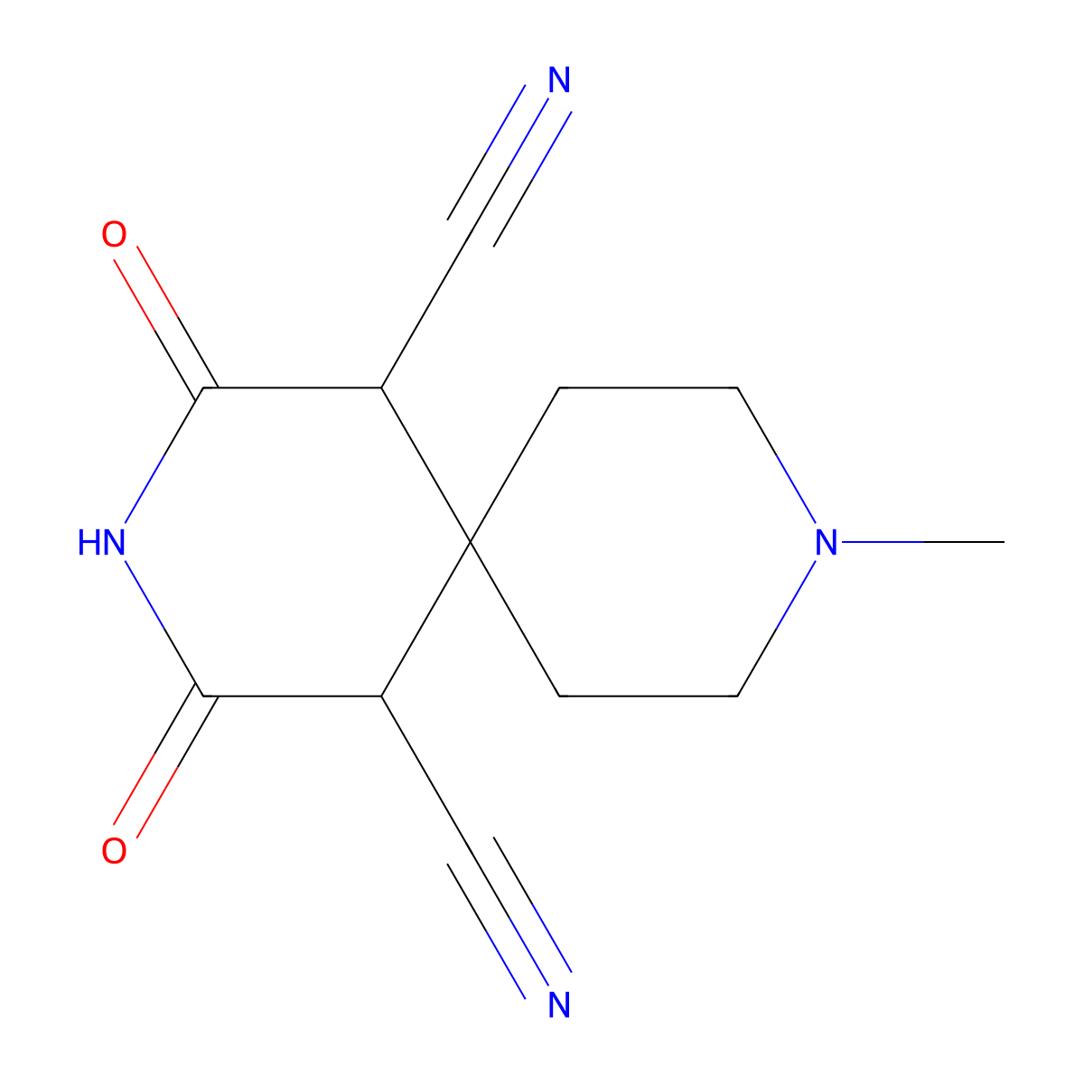 9-Methyl-2,4-dioxo-3,9-diazaspiro[5.5]undecane-1,5-dicarbonitrile molecular structure, CAS 5434-96-8