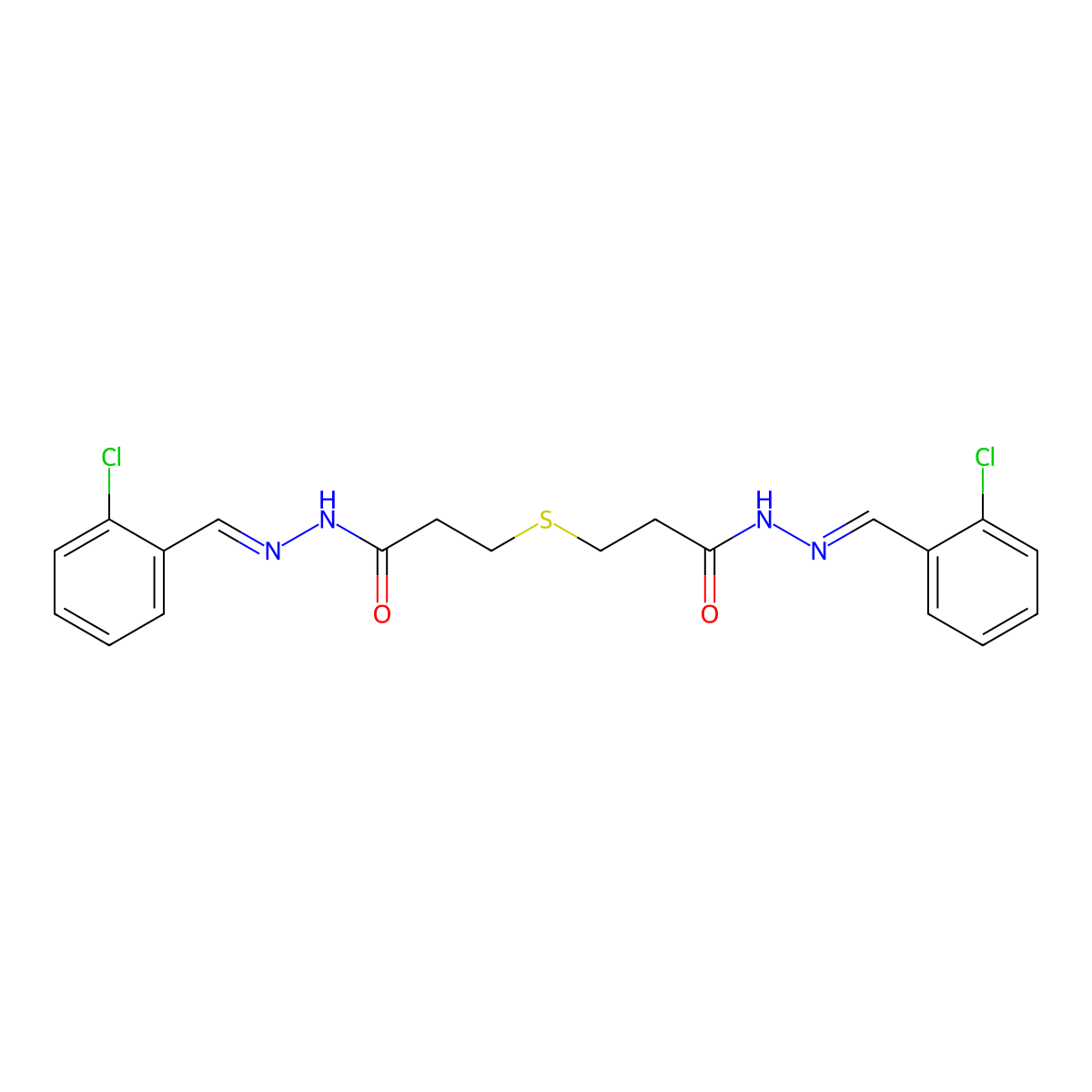 N-[(2-chlorophenyl)methylideneamino]-3-[2-[[(2-chlorophenyl)methylideneamino]carbamoyl]ethylsulfanyl]propanamide molecular structure, CAS 5436-13-5