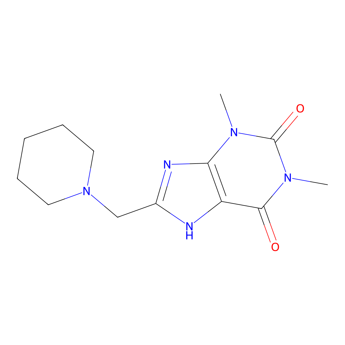 1,3-Dimethyl-8-(piperidin-1-ylmethyl)-3,7-dihydro-1h-purine-2,6-dione molecular structure, CAS 5436-40-8