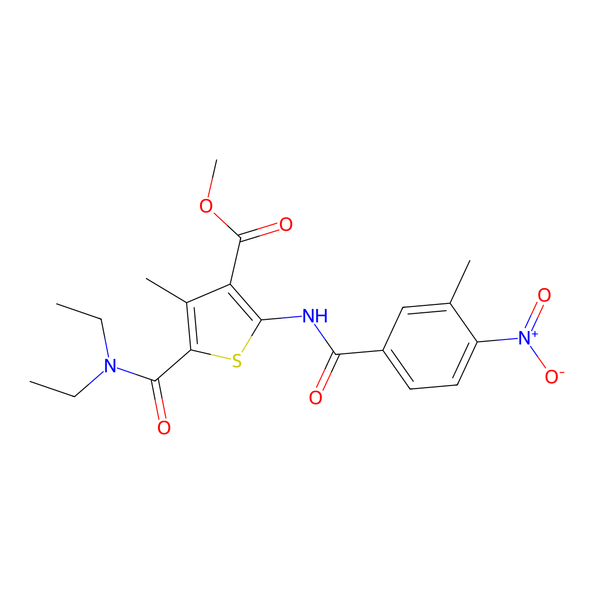 Methyl 5-[(diethylamino)carbonyl]-2-({4-nitro-3-methylbenzoyl}amino)-4-methyl-3-thiophenecarboxylate molecular structure, CAS 543684-55-5