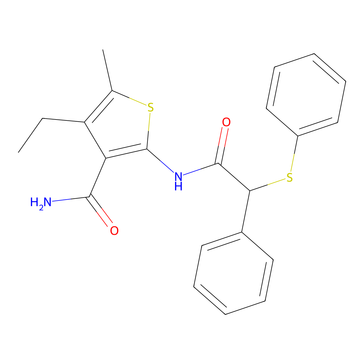 4-Ethyl-5-methyl-2-[(2-phenyl-2-phenylsulfanylacetyl)amino]thiophene-3-carboxamide molecular structure, CAS 543688-47-7