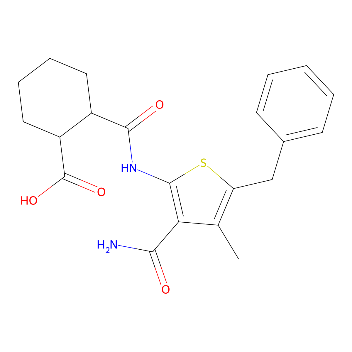 2-[(5-Benzyl-3-carbamoyl-4-methylthiophen-2-yl)carbamoyl]cyclohexane-1-carboxylic acid molecular structure, CAS 543695-32-5