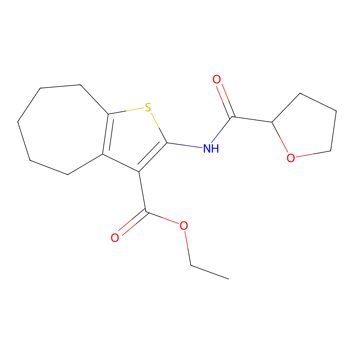 ethyl 2-(oxolane-2-carbonylamino)-5,6,7,8-tetrahydro-4H-cyclohepta[b]thiophene-3-carboxylate molecular structure, CAS 543705-80-2