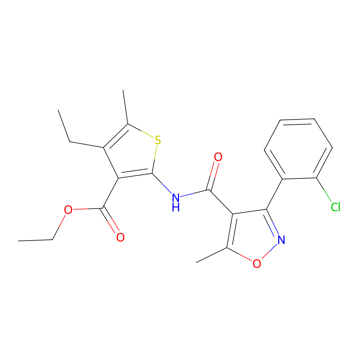 Ethyl 2-[[3-(2-chlorophenyl)-5-methyl-1,2-oxazole-4-carbonyl]amino]-4-ethyl-5-methylthiophene-3-carboxylate molecular structure, CAS 543712-84-1