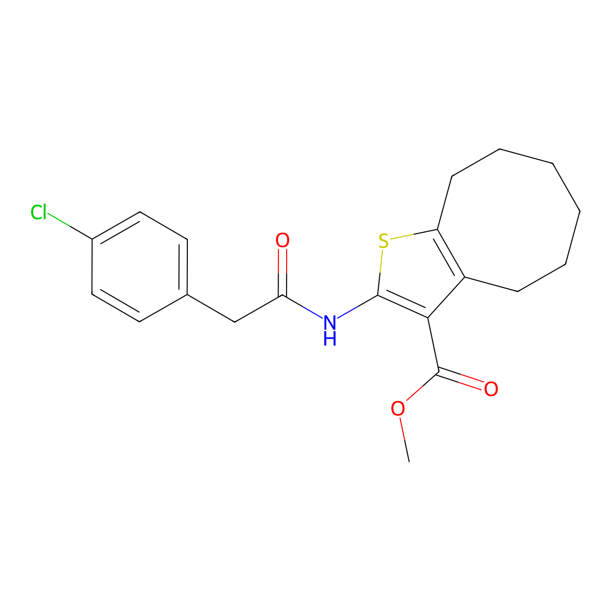Methyl 2-{[(4-chlorophenyl)acetyl]amino}-4,5,6,7,8,9-hexahydrocycloocta[b]thiophene-3-carboxylate molecular structure, CAS 543717-47-1