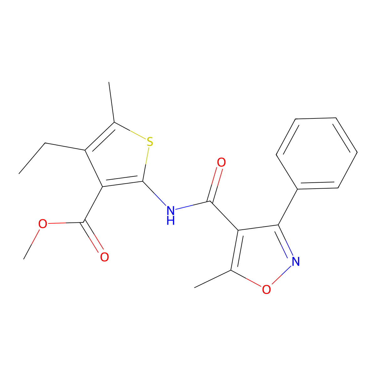 Methyl 4-ethyl-5-methyl-2-{[(5-methyl-3-phenyl-4-isoxazolyl)carbonyl]amino}-3-thiophenecarboxylate molecular structure, CAS 543722-63-0