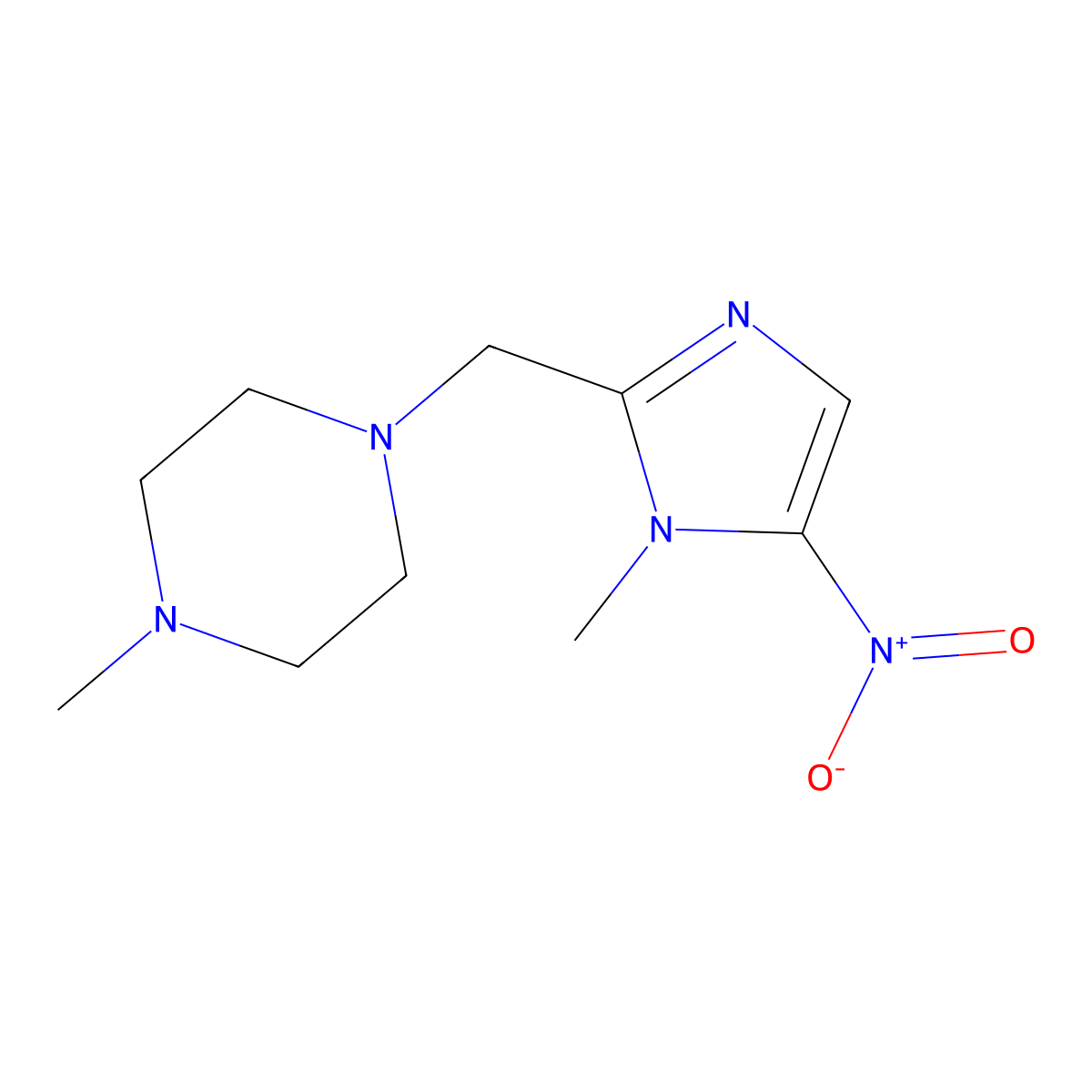 Piperazine, 1-methyl-4-((1-methyl-5-nitro-1H-imidazol-2-yl)methyl)- molecular structure, CAS 54387-29-0