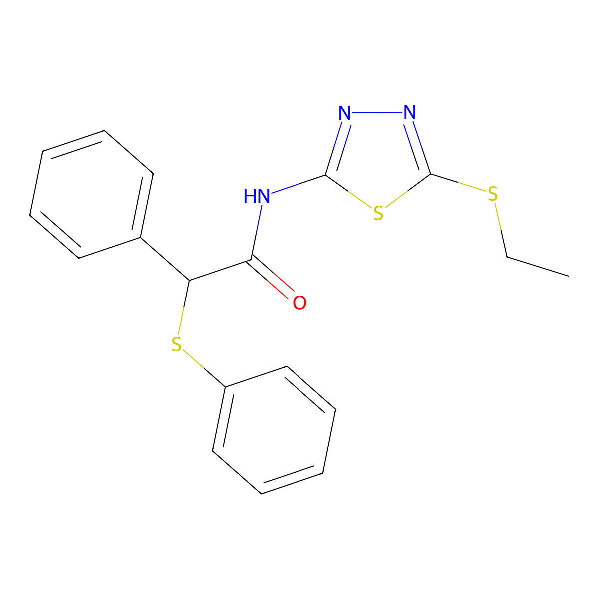 N-[5-(ethylsulfanyl)-1,3,4-thiadiazol-2-yl]-2-phenyl-2-(phenylsulfanyl)acetamide molecular structure, CAS 544410-95-9