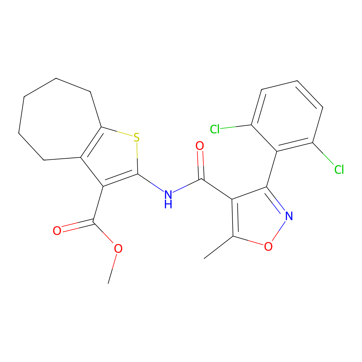 methyl 2-({[3-(2,6-dichlorophenyl)-5-methyl-4-isoxazolyl]carbonyl}amino)-5,6,7,8-tetrahydro-4H-cyclohepta[b]thiophene-3-carboxylate molecular structure, CAS 544414-48-4