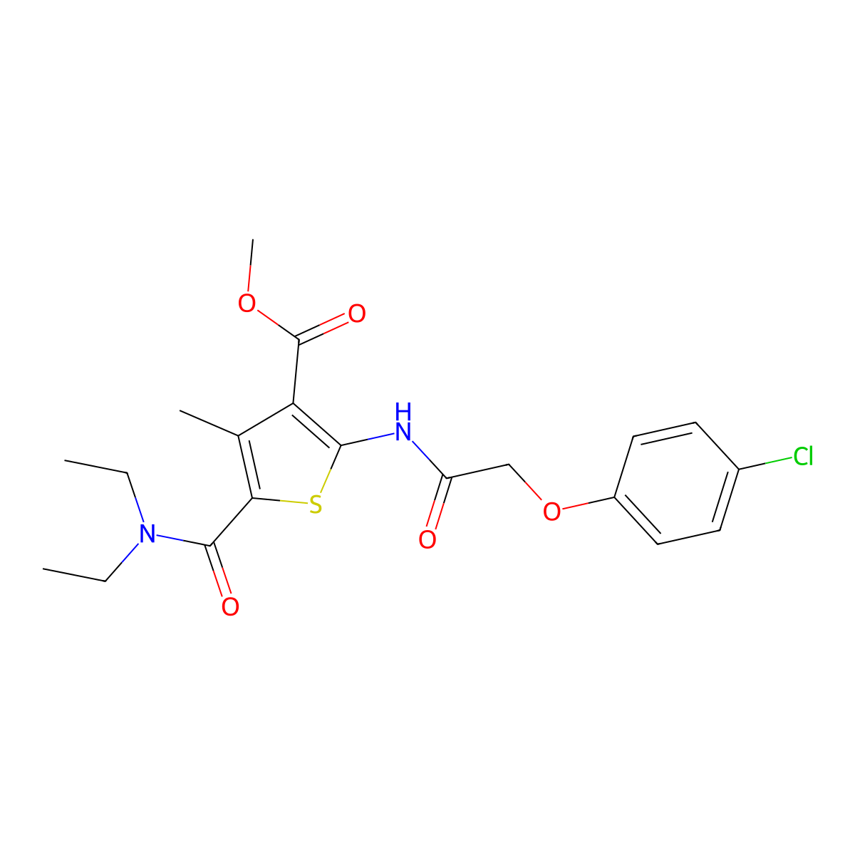 Methyl 2-[[2-(4-chlorophenoxy)acetyl]amino]-5-(diethylcarbamoyl)-4-methylthiophene-3-carboxylate molecular structure, CAS 544424-25-1