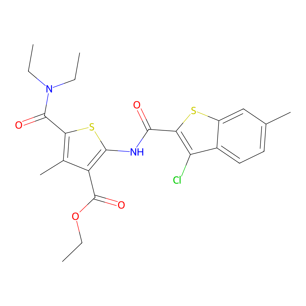 Ethyl 2-[(3-chloro-6-methyl-1-benzothiophene-2-carbonyl)amino]-5-(diethylcarbamoyl)-4-methylthiophene-3-carboxylate molecular structure, CAS 544424-46-6