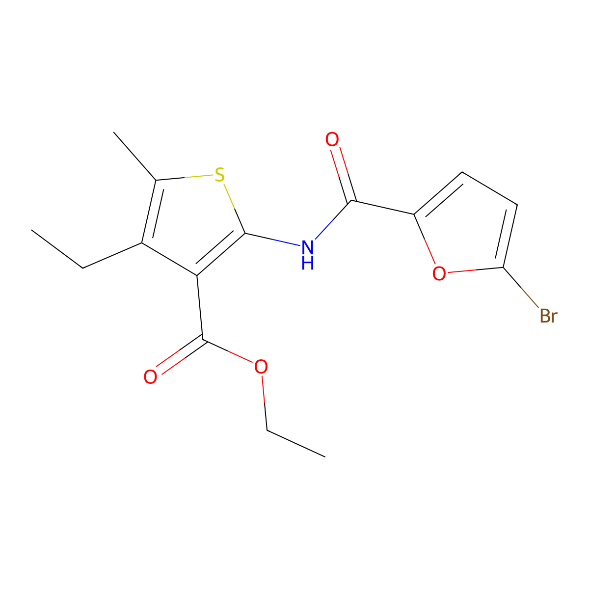 Ethyl 2-[(5-bromofuran-2-carbonyl)amino]-4-ethyl-5-methylthiophene-3-carboxylate molecular structure, CAS 544424-82-0