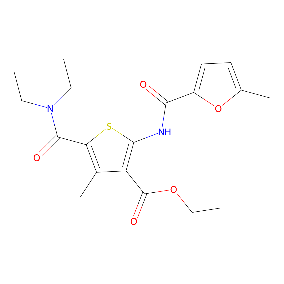 Ethyl 5-(diethylcarbamoyl)-4-methyl-2-[(5-methylfuran-2-carbonyl)amino]thiophene-3-carboxylate molecular structure, CAS 544426-80-4