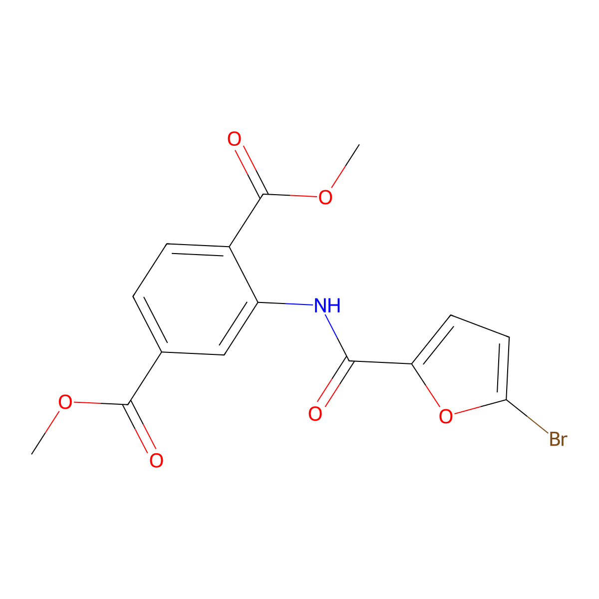 Dimethyl 2-[(5-bromofuran-2-carbonyl)amino]benzene-1,4-dicarboxylate molecular structure, CAS 544434-32-4