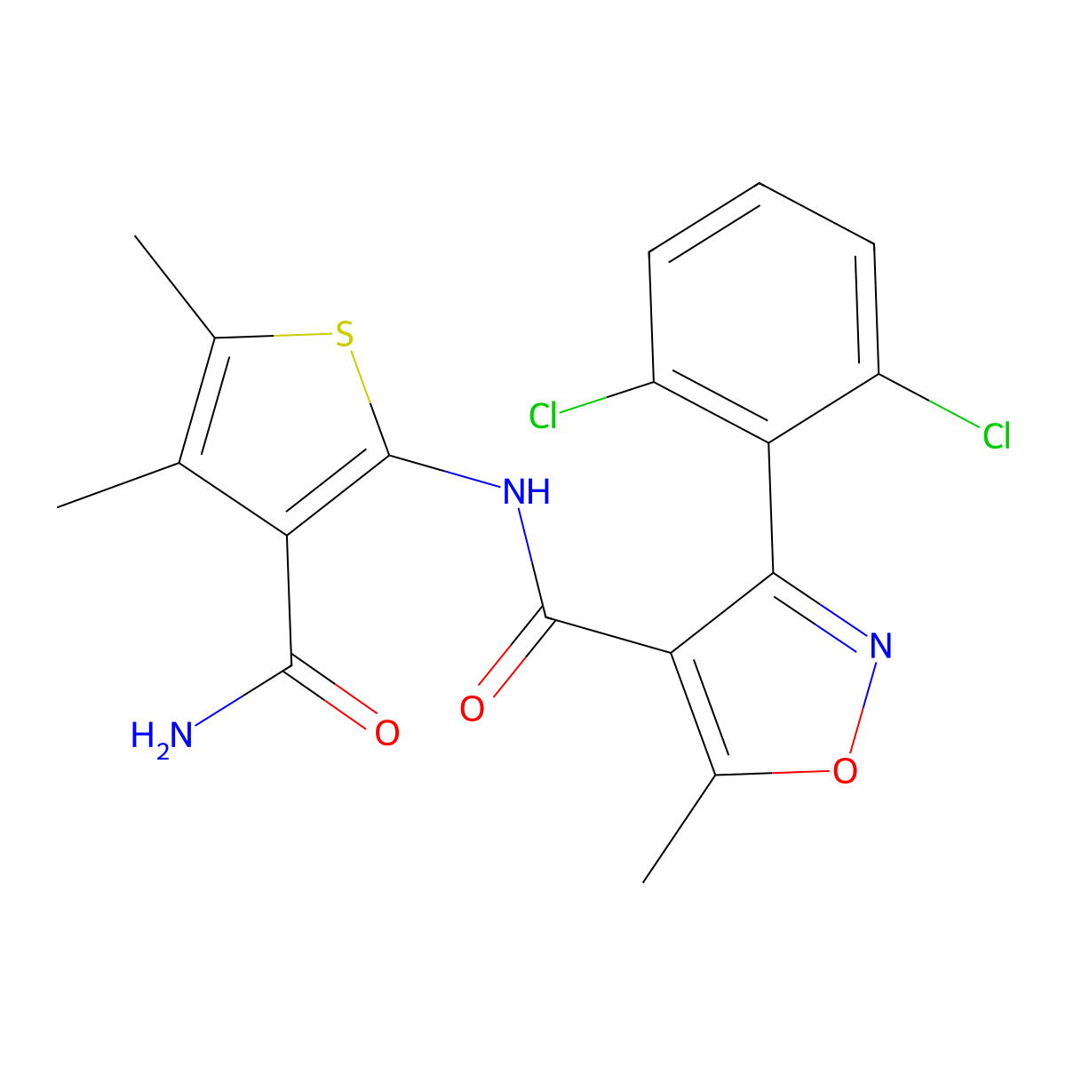 N-(3-carbamoyl-4,5-dimethylthiophen-2-yl)-3-(2,6-dichlorophenyl)-5-methyl-1,2-oxazole-4-carboxamide molecular structure, CAS 544439-49-8